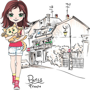 法国巴黎有猫的向量可爱女孩巴黎有向量婴儿女孩图片