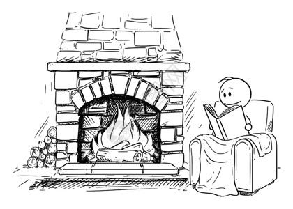 轻松幽默小破孩壁炉前读书的火柴人插画