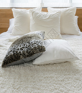 在室内时尚的卧床铺上装饰黑白枕头的图片