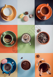 咖啡茶叶和桌上其他饮料图片