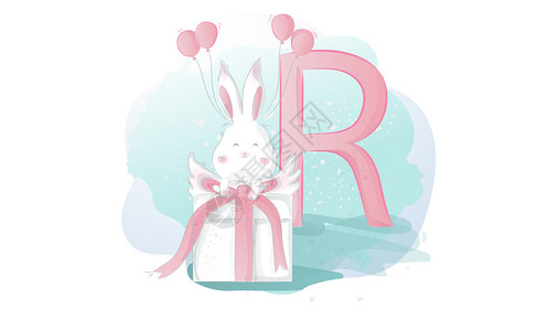黑白色英文气球可爱的兔子插画