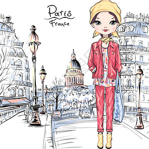 在法国巴黎穿秋衣头巾和靴子外套牛仔裤的夜服夹克和牛仔裤的矢量黑发女孩图片