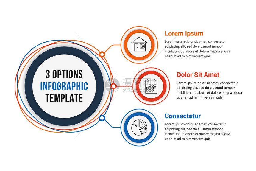 包含三个步骤或选项工作流程或图矢量eps10插图的圆形信息模板图片