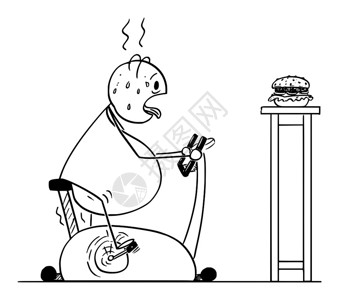 胖人运动矢量卡通棒图绘制脂肪或超重男子骑着自行车或固定运动或骑着固定自行车并观看汉堡的概念图健康生活方式概念矢量卡通显示胖或超重男子骑着插画