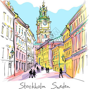 瑞典首都斯德哥尔摩老城GamlaStan的圣尼古拉教堂斯德哥尔摩大教堂或Storkyrkan夜间总会瑞典首都斯德哥尔摩老城的Ga插画