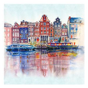 阿姆斯特丹典型房屋的水彩图及其在荷兰运河的反射背景图片