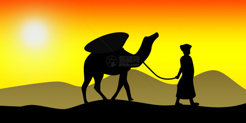 骆驼大篷车穿过沙丘3D翻图片