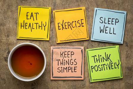 健康心态健康的生活方式和福利概念一套鼓舞人心的提醒说明加上一杯茶吃健康锻炼渗水井简单积极思考背景