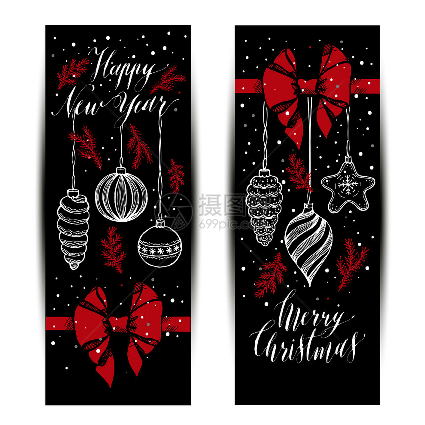 Bannersset新年和新年和玩具手画在黑色和红弓的风格上圣诞节的矢量问候标语新年和玩具手画在黑色和红弓的风格上图片