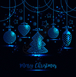 过年蓝色华丽新年贺卡图片新年贺卡圣诞快乐明亮的新年和带雪花的蓝底玩具新年和贺卡圣诞快乐亮的新年和蓝底玩具插画