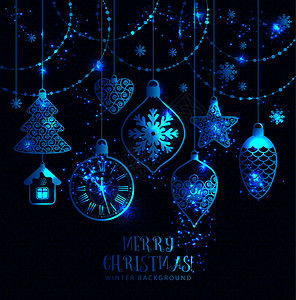 蓝色龙年大吉新年贺卡新年贺卡圣诞快乐明亮的新年带着雪花的蓝色背景玩具插画