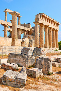罗萨莉亚萨罗尼群岛希腊Aegina岛AeginaAphaea寺庙古老废墟背景