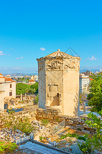 阿戈拉早晨在希腊雅典的罗马论坛风塔背景