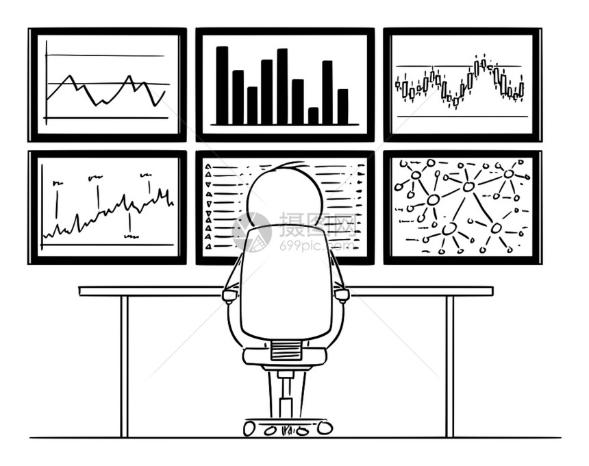 矢量卡通插图绘制男人或商坐在墙上安装的六台计算机显示器前的概念图分析表和市场数据图片