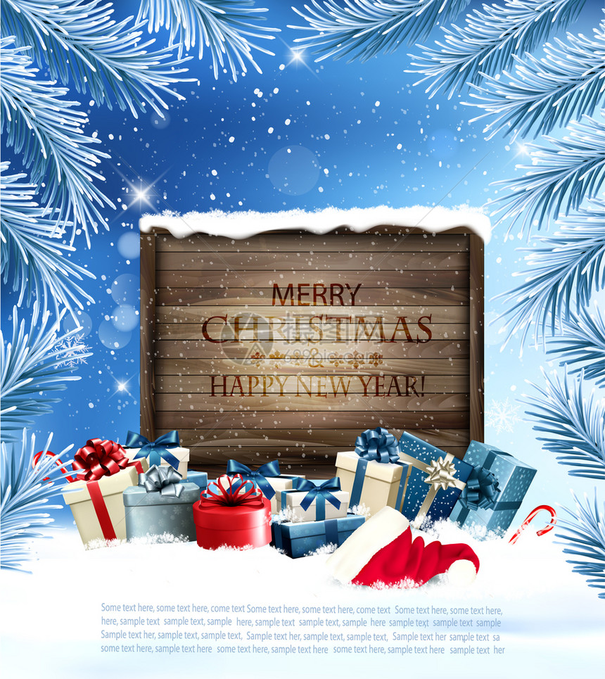 圣诞假期背景带礼物盒和木桌矢量图片