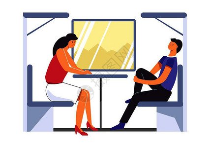 在火车上旅行的男女乘客图图片