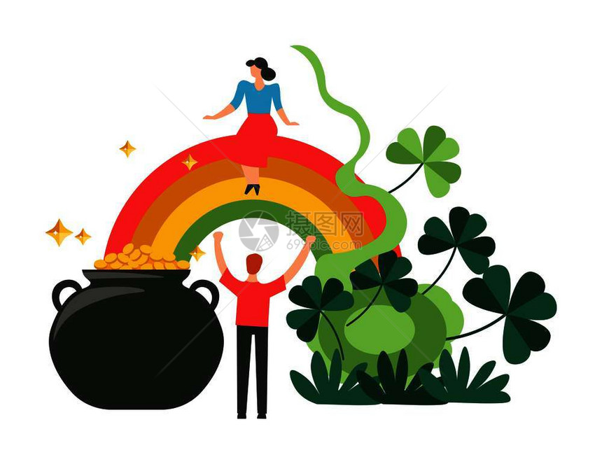 圣帕特里克塞尔蒂奇节在漫步的病媒春季庆典中举行以祝植被和枯叶作为幸运的象征坐在彩虹上的人欢喜地看到钱财和硬币的富图片