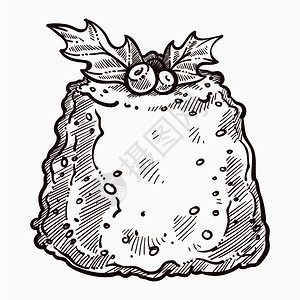 磨砂盘甜食烘烤蛋糕装饰着有叶和果浆病媒单色素描草图传统圣诞节甜点庆祝冬季节日餐菜冻霜甜食烤蛋糕装饰着寄生虫植物插画