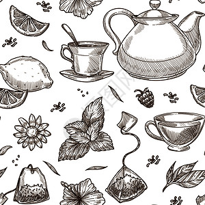 茶经典素材素描风格茶壶饮料杯子元素矢量背景插画