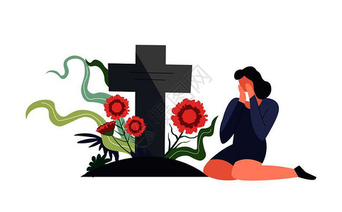 埋葬的丧葬仪式上哭泣的女孩卡通矢量插图插画