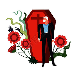 葬礼服务站在棺材前的男人卡通矢量插图插画