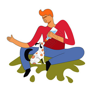 塑料草男人坐在草地上用装有牛奶的瓶子喂小狗插画