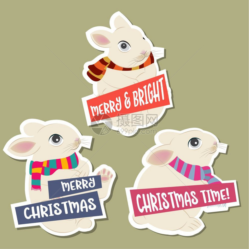 用兔子和愿望收集圣诞贴纸平板设计矢量图片