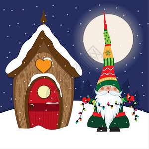 圣诞节帽子小屋美丽的圣诞节场景有小矮人插画