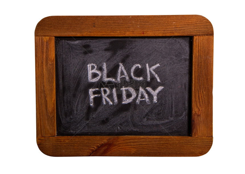 黑色粉笔板有木框和黑色星期五贴现的黑粉笔板白背景隔离图片