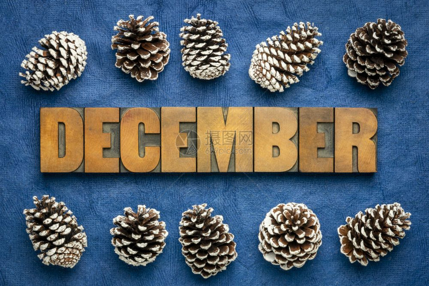 12月用旧的纸质印刷木材类型用词黑色蓝手工纸质上面有糖状装饰松锥壳日历概念图片