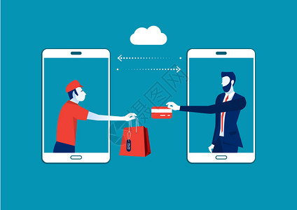 在线购物利用智能手机购物袋互联网和交货的人图片