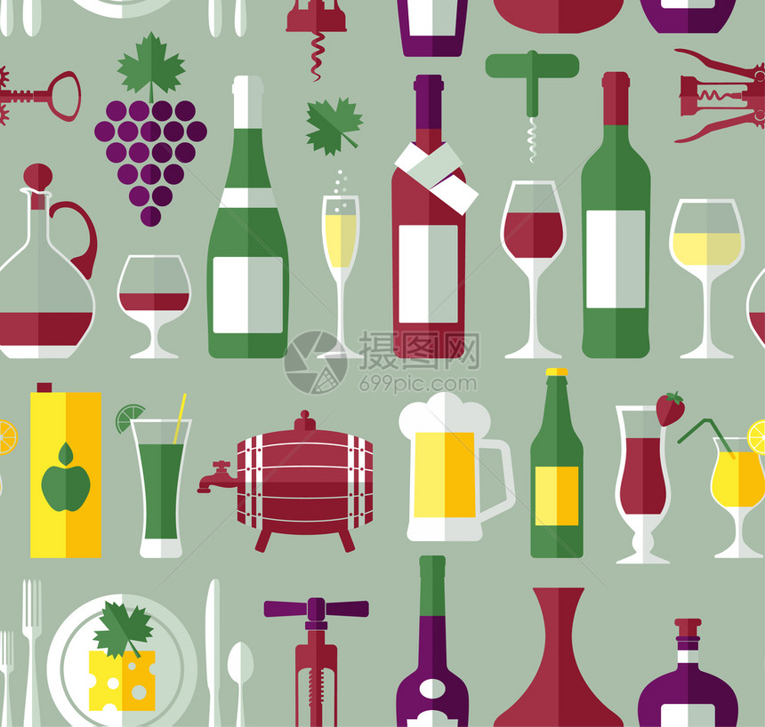 无缝葡萄酒模式花粉设计图标的平板设计图片