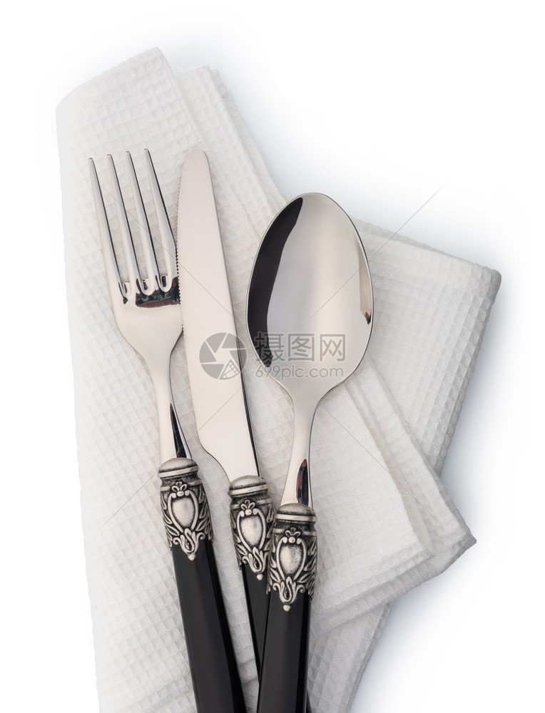 餐具套装有叉子刀和勺白色背景隔离在上图片