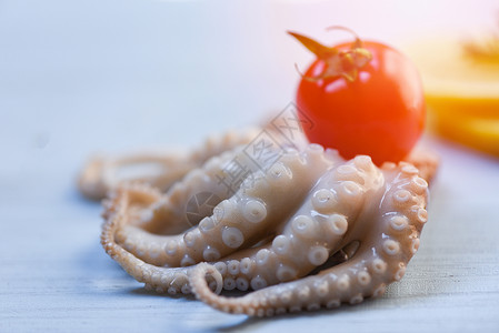 海产新鲜鱿鱼章原生和白木底番茄图片