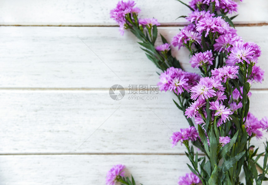 玛格丽特紫和静态花架在白色木背景上装饰顶视图复制空间图片