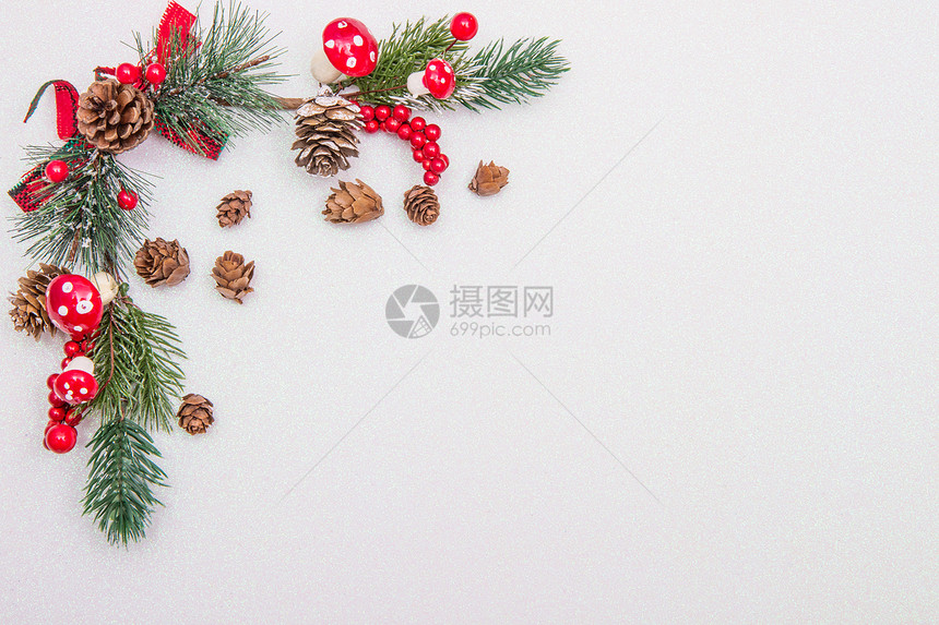圣诞成份火树枝白色背景的红装饰图片