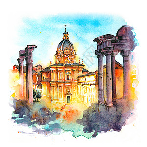 意大利罗马太阳升起时论坛或佛曼诺古老废墟的水彩图背景图片