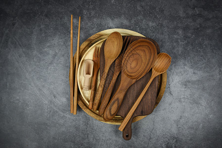 自然厨房工具木制品厨房用具背景和叉筷板切物体表木概念背景图片