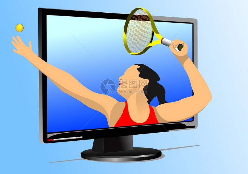 进入监视器的网球播放设计师的彩色矢量插图图片