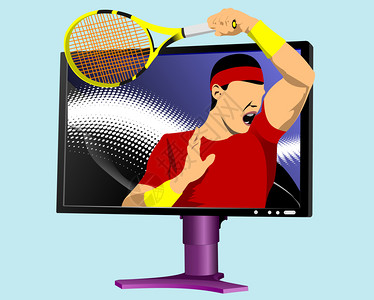 王牌对王牌进入监视器的网球播放设计师的彩色矢量插图插画
