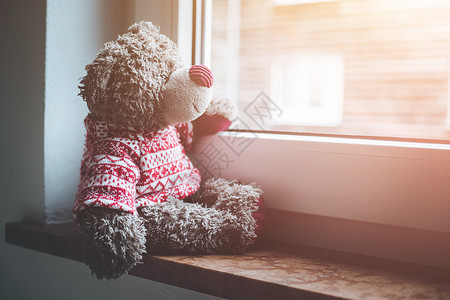 可爱的泰迪熊坐在窗台上望外阳光照耀背景图片