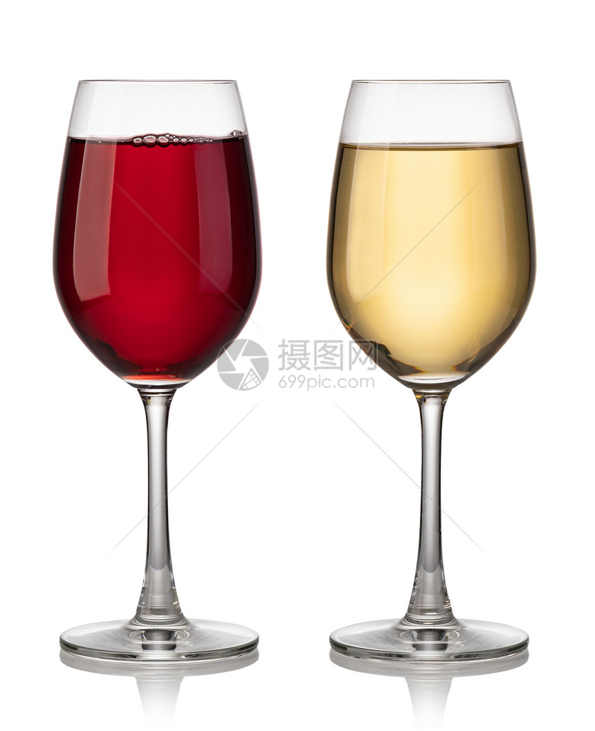 白色背景的红酒和白杯图片