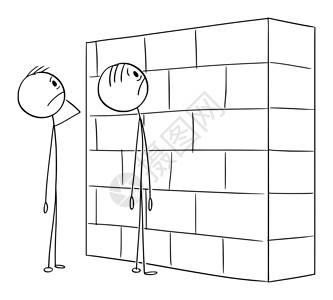 问题墙矢量卡通插图描绘两个无助或困惑的男子商人在看墙阻碍他们走向职业或成功矢量卡通插图两个无助或困惑的男子商人在看墙成功或事业道路上的插画