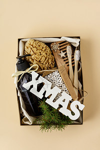 零浪费的圣诞节概念生态友好的装饰平躺铺纸面背景的顶级观点背景