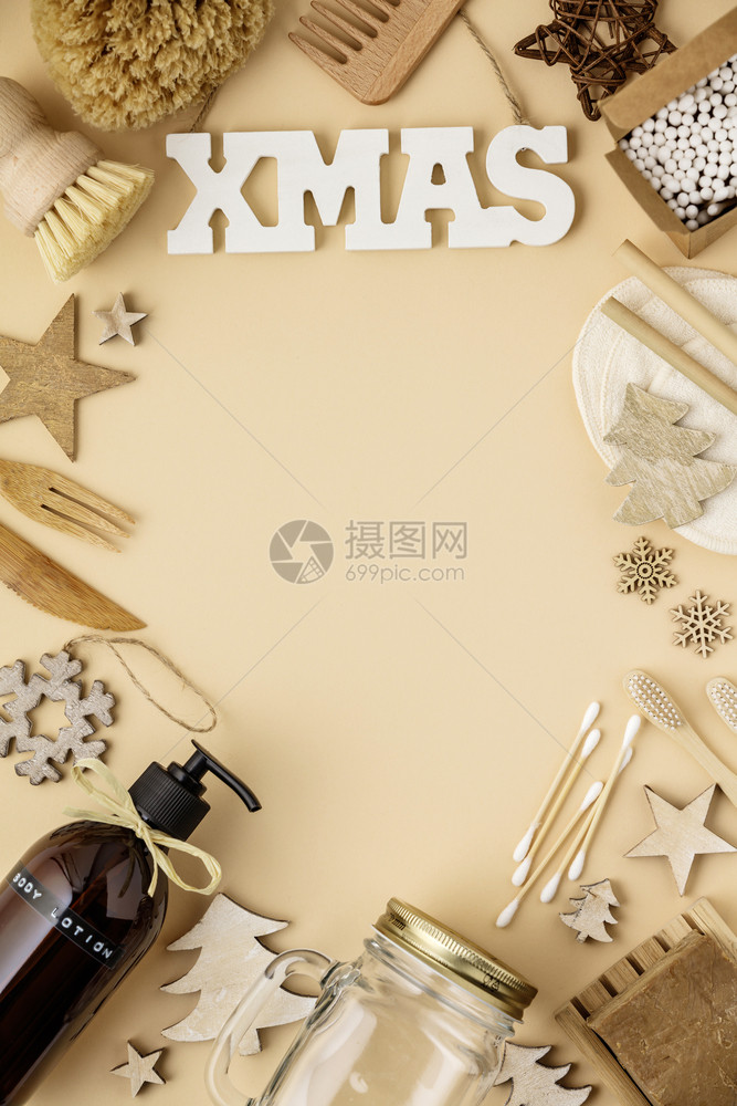 零浪费圣诞节概念生态友好型装饰平铺纸面背景的顶端视图图片