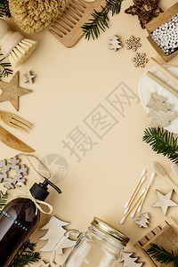 零浪费的圣诞节概念生态友好的装饰平躺铺纸面背景的顶级观点图片