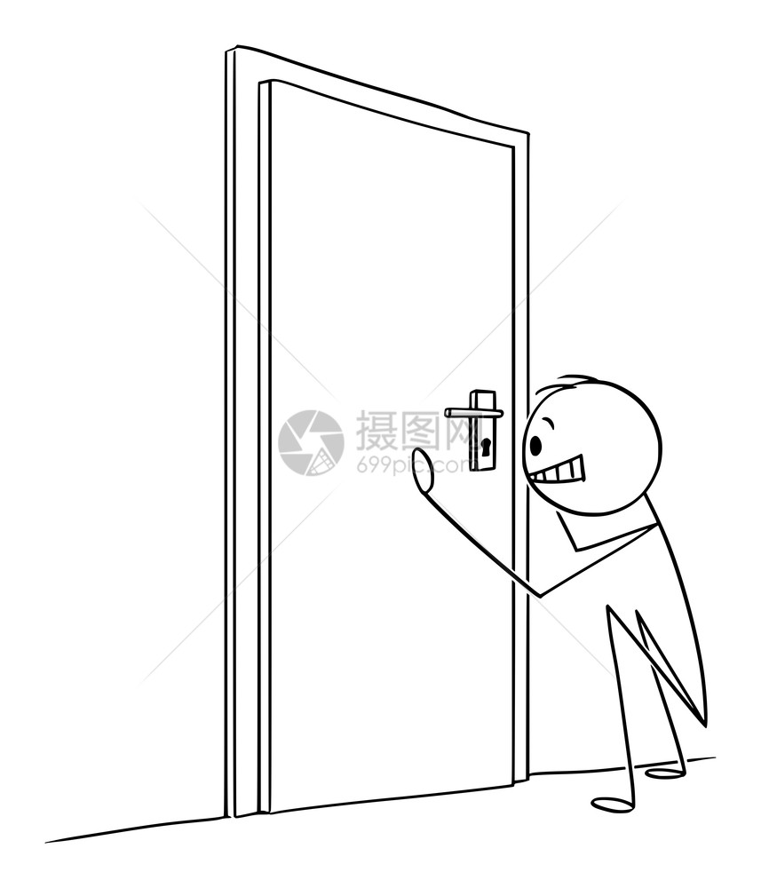 矢量卡通插图绘制男人或商通过门锁孔寻找的概念插图图片