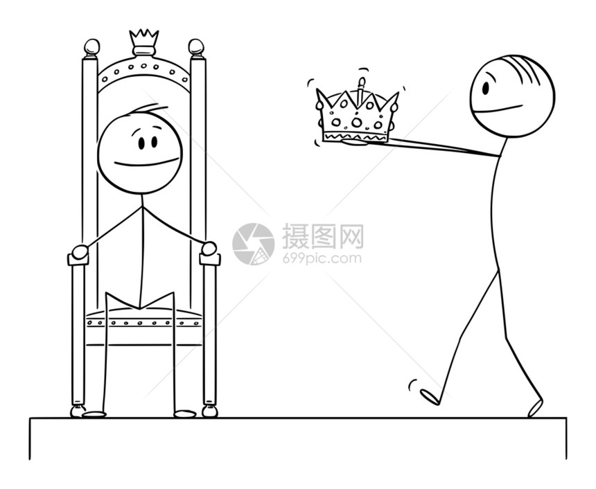 矢量卡通棒图描绘在加冕或仪式上向坐在王位的人授予冠或的人概念说明图片
