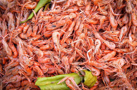 小虾油炸带季节山羊奶叶的脆虾在街头食品市场煮熟的淡水虾背景图片