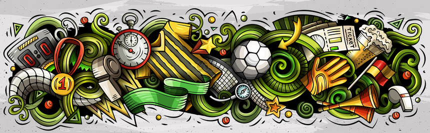 卡通可爱多彩的矢量手工绘制涂鸦足球成份水平横幅设计所有对象分开卡通矢量涂鸦足球横幅成份设置图片